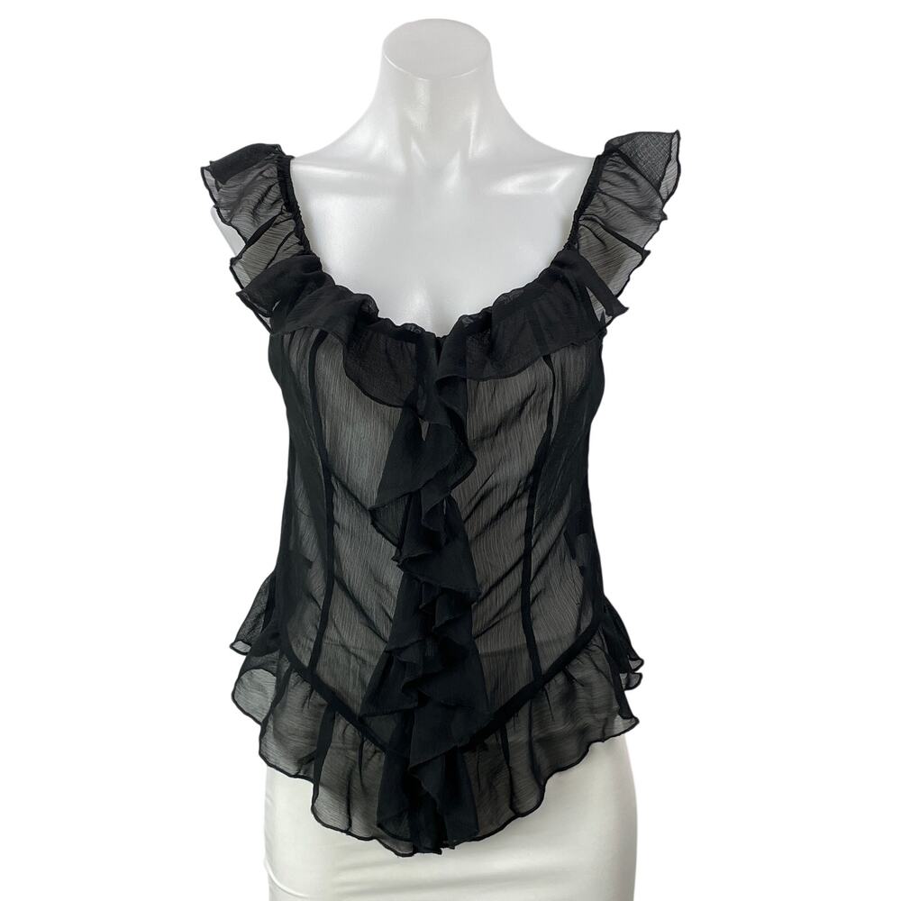 NEW Lioness Timeless Ruffle Black Sheer Mesh Scoop Neck Ruffle Blouse Top Sz L